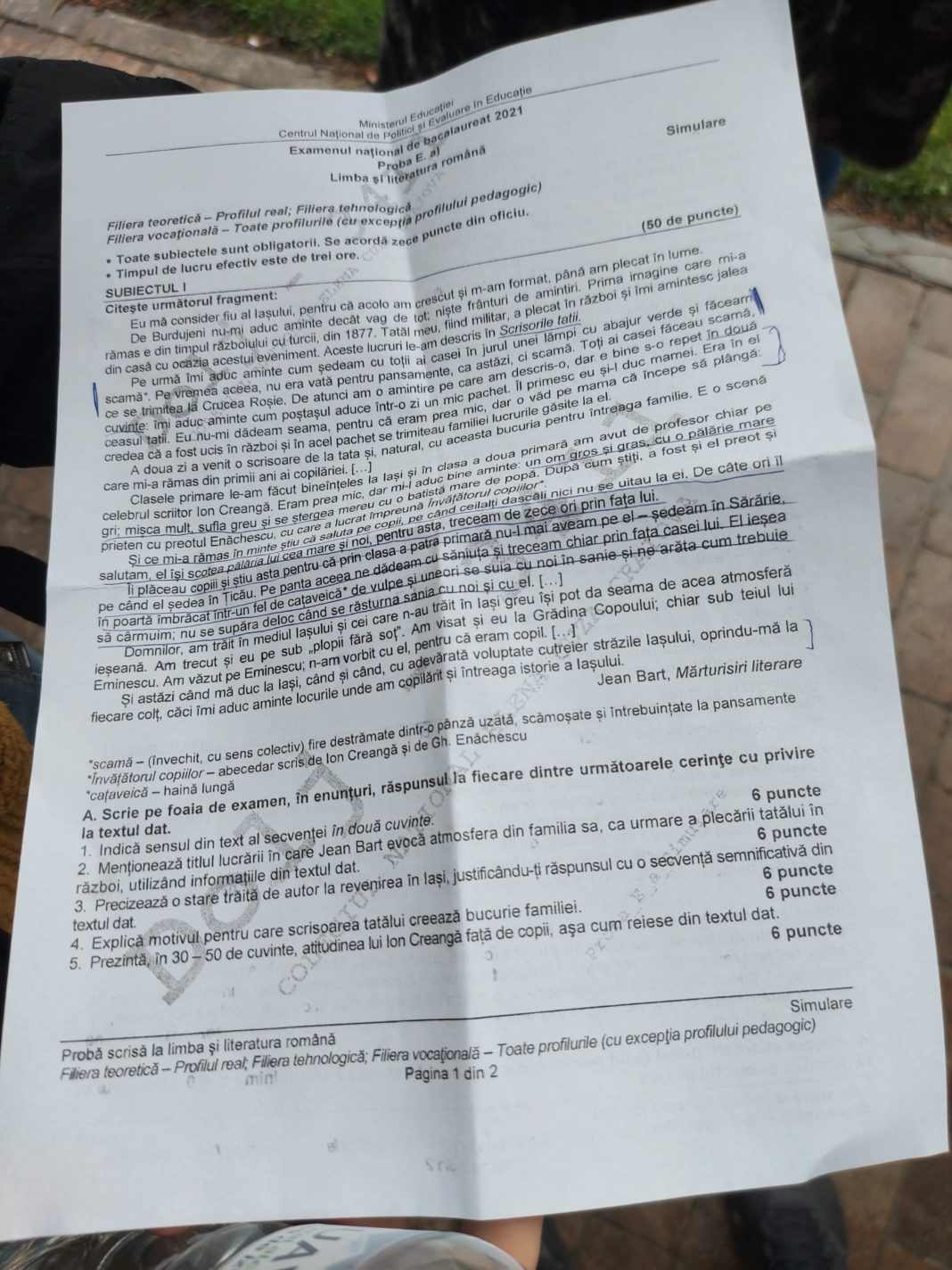 Subiectele de la simularea bacalaureatului la Limba română