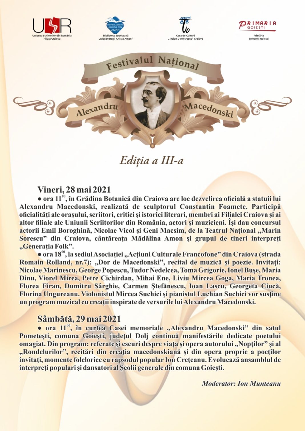 afis macedonski Biblioteca Aman organizează, în perioada 28-29 mai 2021, ediţia a III-a a Festivalulului Naţional „Alexandru Macedonski”