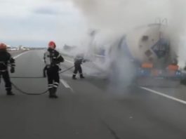 Traficul rutier este blocat luni după-amiaza pe DN1, în județul Prahova, unde o cisternă încărcată cu biodiesel a luat foc