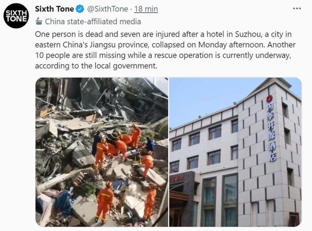 Zeci de persoane dispărute, după ce un hotel s-a prăbușit în estul Chinei