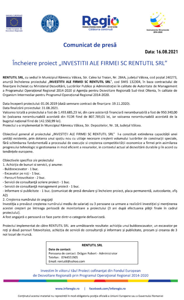 Comunicat de presă – Încheiere proiect „INVESTITII ALE FIRMEI SC RENTUTIL SRL”