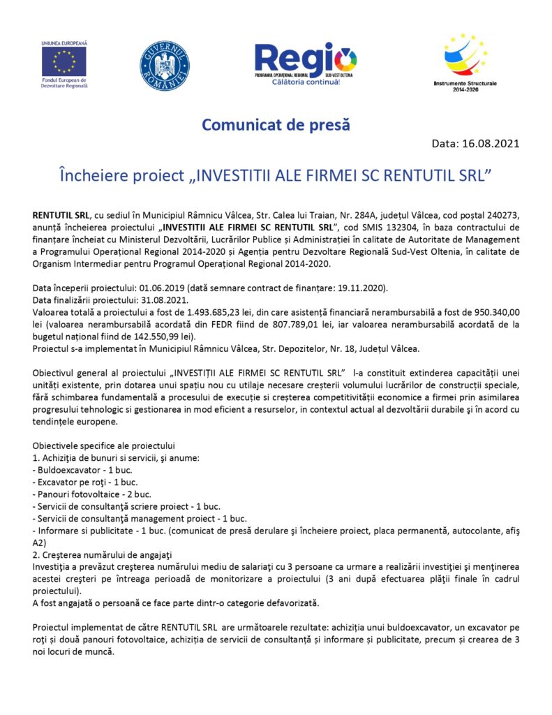Comunicat de presă – Încheiere proiect „INVESTITII ALE FIRMEI SC RENTUTIL SRL”