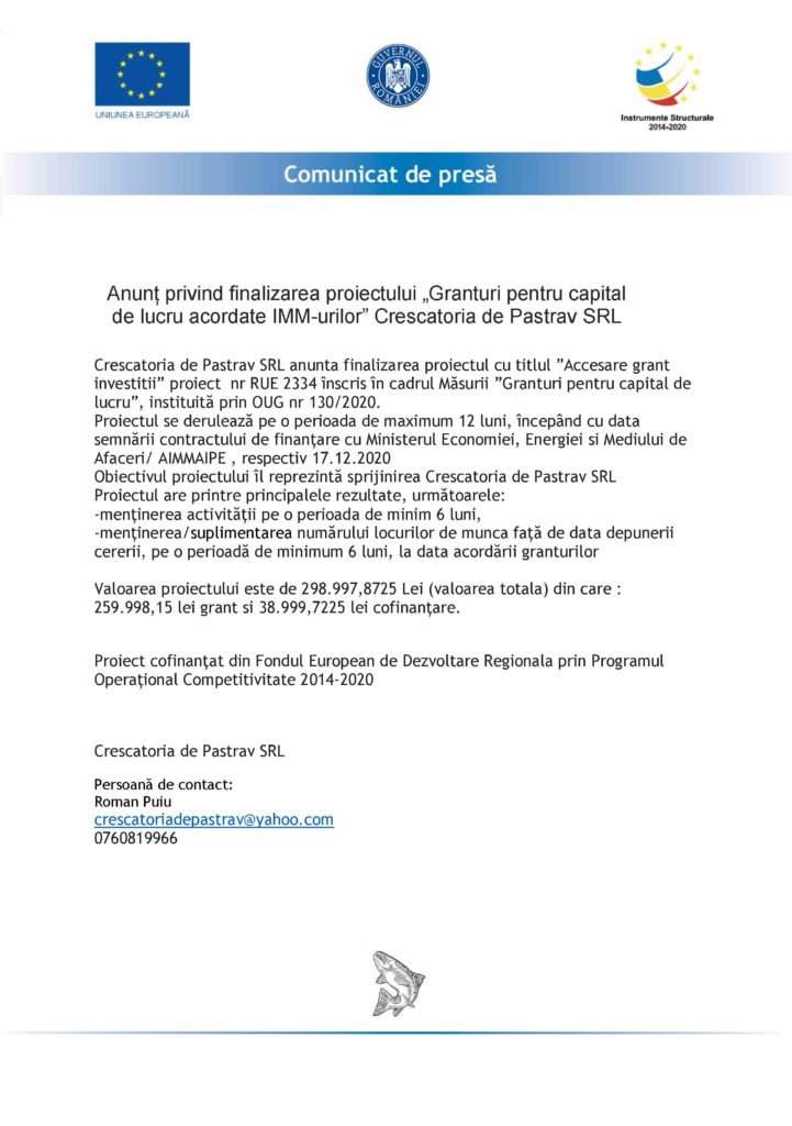 Crescătoria de Păstrav SRL a finalizat proiectul cu finanțare FEDR