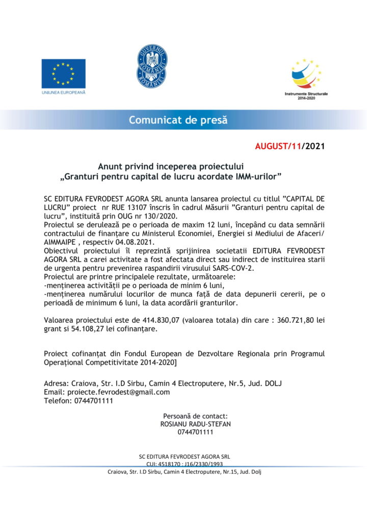 Anunţ privind începerea proiectului „Granturi pentru capital de lucru acordate IMM-urilor”