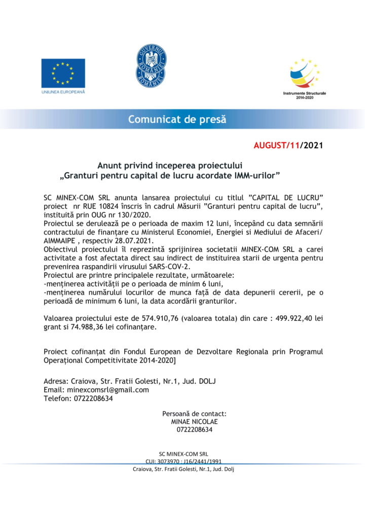 Anunţ privind începerea proiectului „Granturi pentru capital de lucru acordate IMM-urilor”