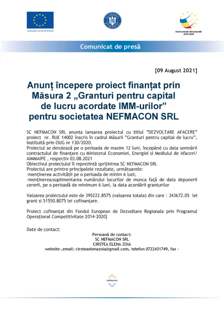 Granturi pentru capital de lucru acordate IMM-urilor pentru societatea NEFMACON SRL