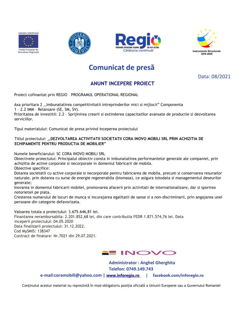 Anunț începere proiect: Dezvoltarea activității societății Cora Inovo Mobili SRL prin achiziția de echipamente pentru producția de mobilier