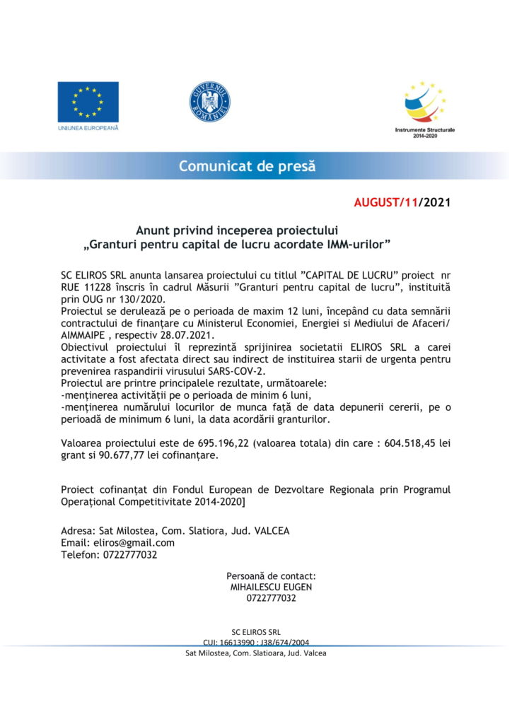 Anunţ privind începerea proiectului „Granturi pentru capital de lucru acordate IMM-urilor”