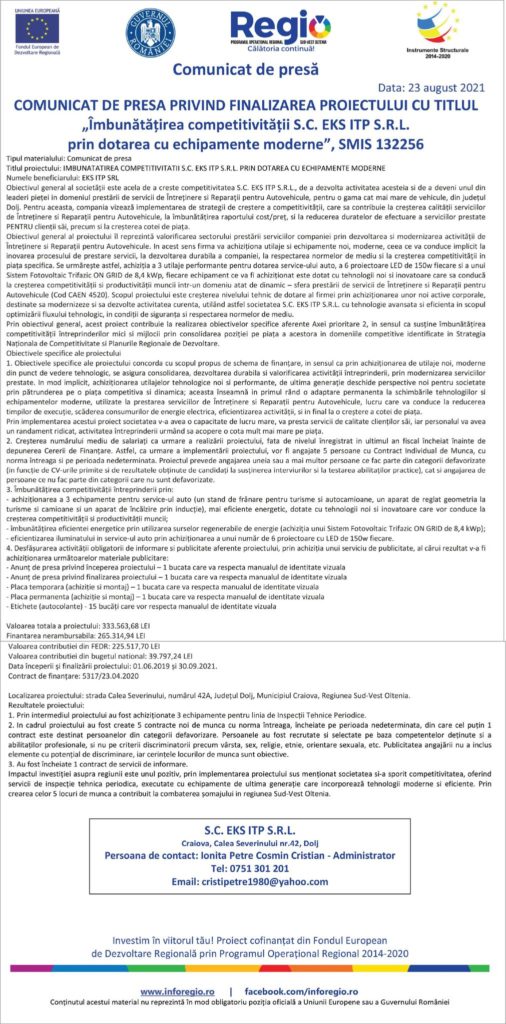 COMUNICAT DE PRESA – „Îmbunătățirea competitivității S.C. EKS ITP S.R.L. prin dotarea cu echipamente moderne”