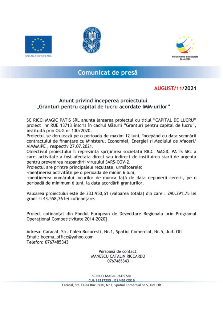 Anunt privind începerea proiectului „Granturi pentru capital de lucru acordate IMM-urilor”