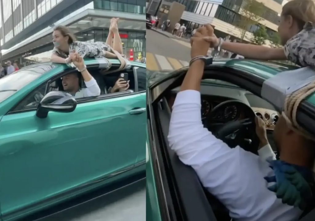 Un influencer a condus un Bentley prin oraș cu iubita legată pe plafon