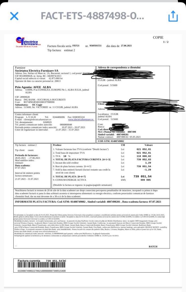 Factură de 739.051 de lei la electricitate,  pentru un apartament nelocuit de peste 20 de ani