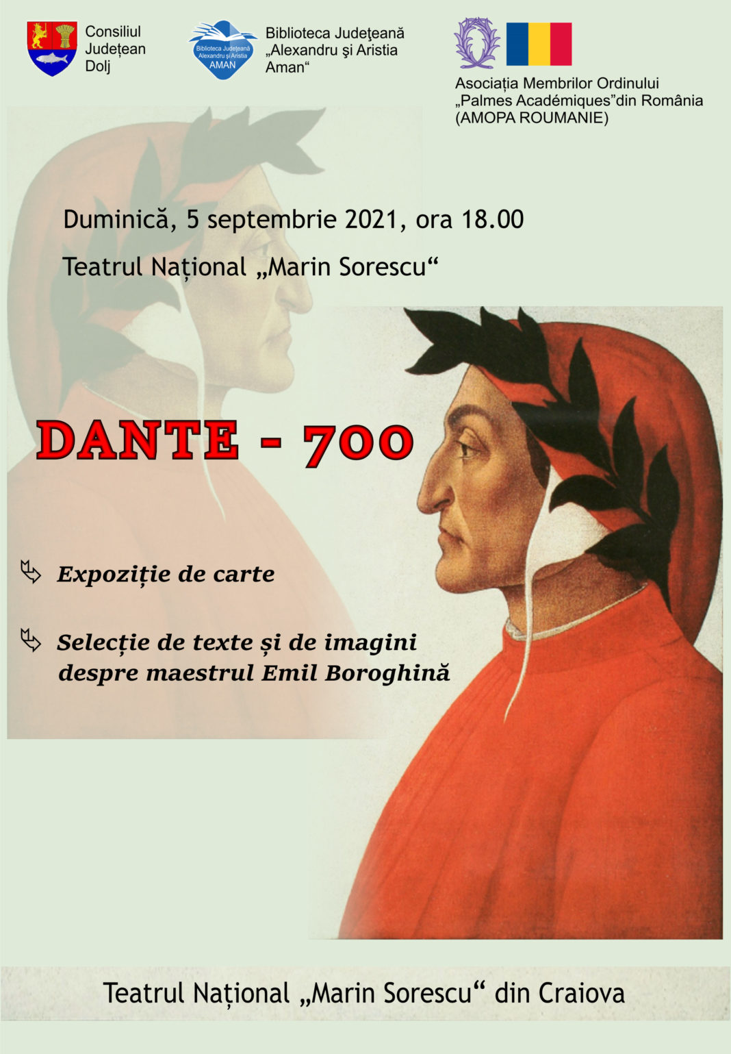 afis expo dante 5 sept-2 Expoziția de carte „DANTE – 700” a fost deschisă publicului la Biblioteca Județeană „Alexandru și Aristia Aman” pe 11 august