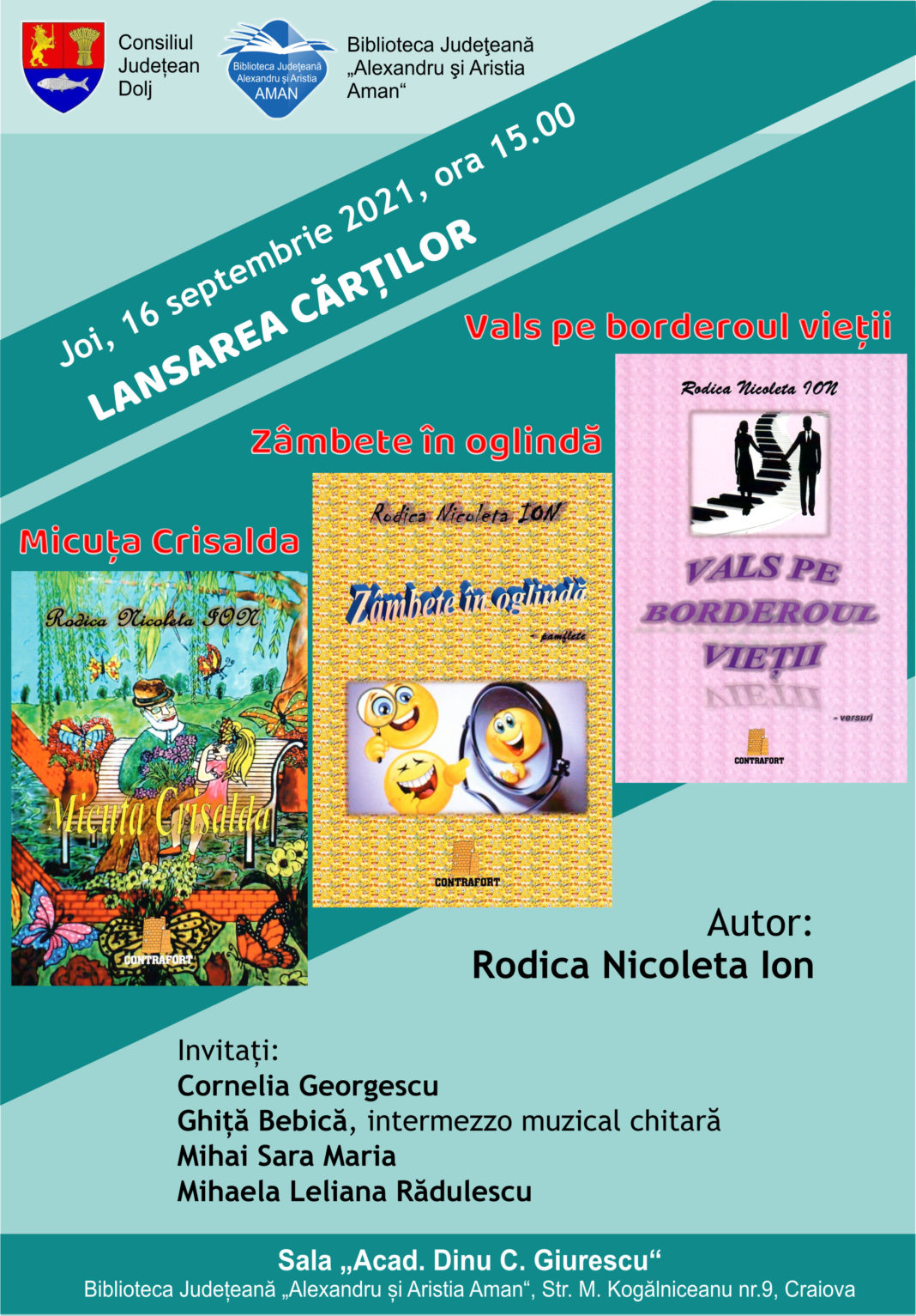 afis lansare 16 sep Lansarea volumelor „Zâmbete în oglindă”, „Vals pe borderoul vieții” și „Micuța Crisalda”