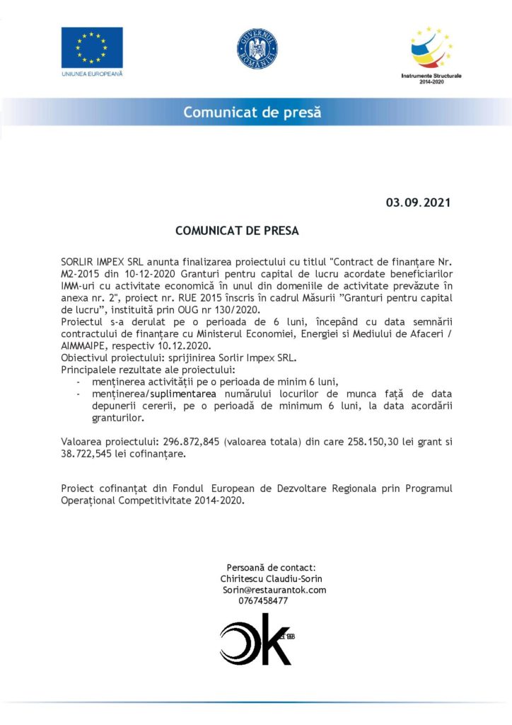 Comunicat de presă – SORLIR IMPEX SRL anunță finalizarea proiectului Granturi pentru capital de lucru acordate beneficiarilor IMM-uri