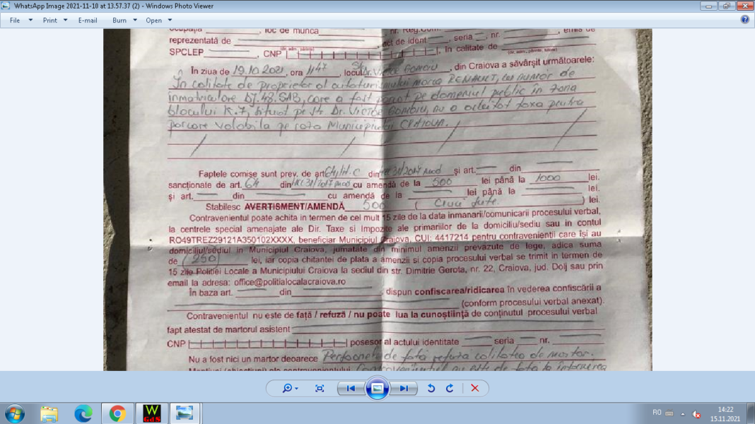 Craiovean amendat pentru lipsa vinietei, deşi o avea plătită