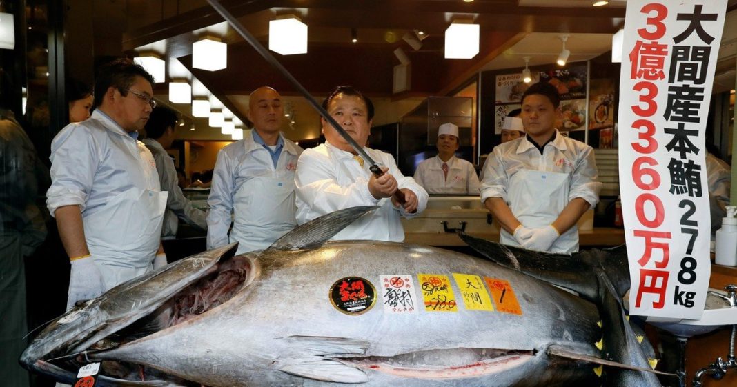 Suma plătită la prima licitaţie a anului la piaţa de peşte Toyusu a scăzut pentru al treilea an consecutiv