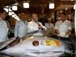 Suma plătită la prima licitaţie a anului la piaţa de peşte Toyusu a scăzut pentru al treilea an consecutiv