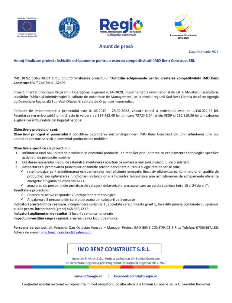 Achiziție echipamente pentru creșterea competitivității IMO Benz Construct SRL