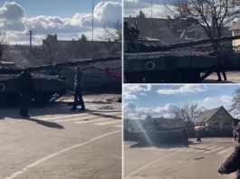 (VIDEO) Ucrainenii se pun în fața vehiculelor militare ruse: Duceți-vă acasă, fasciștilor!