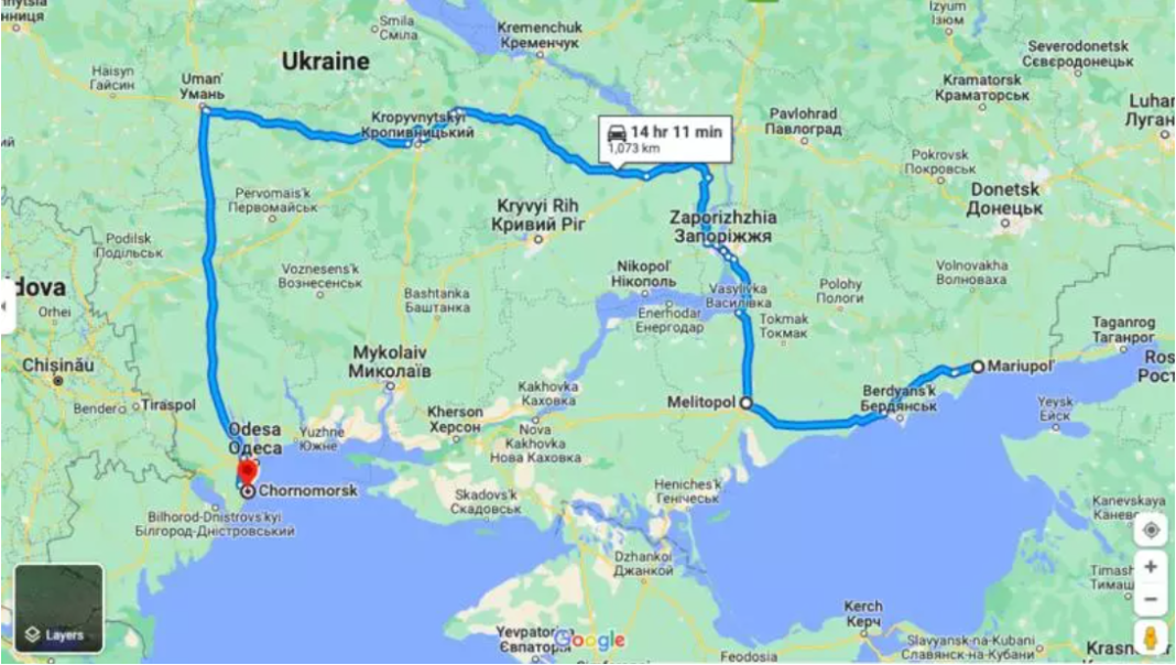 Distanța dintre Mariupol și Cernomorsk (Foto: Hotnews)