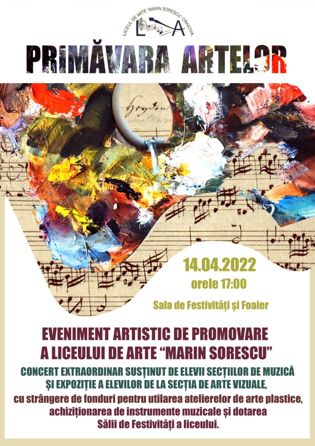 Concert extraordinar cu strângere de fonduri, la Liceul de Arte din Craiova