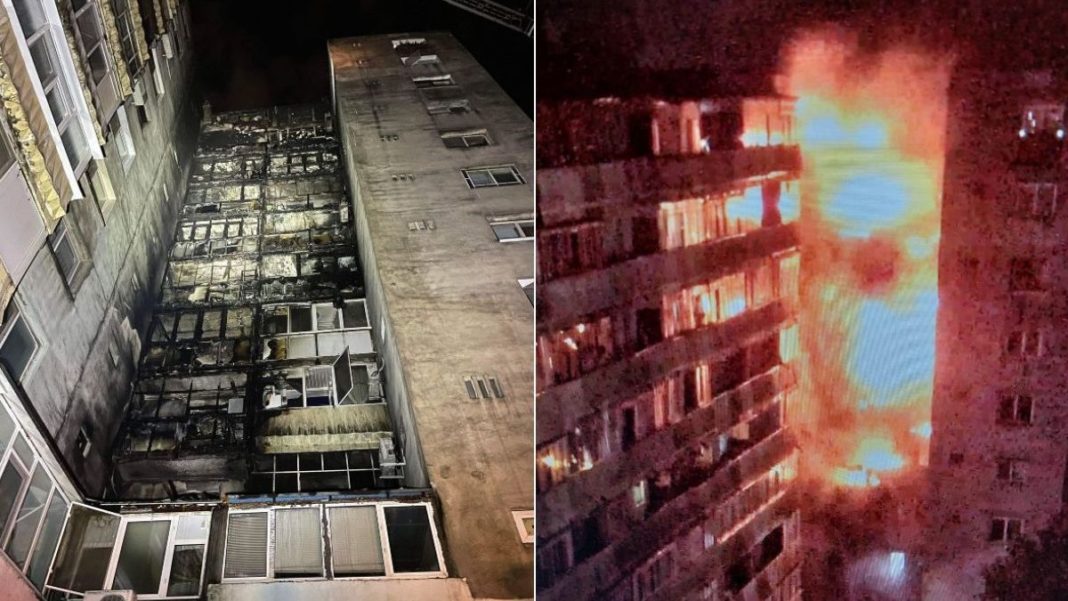 Fațada unui bloc de zece etaje din sectorul 5 al Capitalei a ars ca o torță