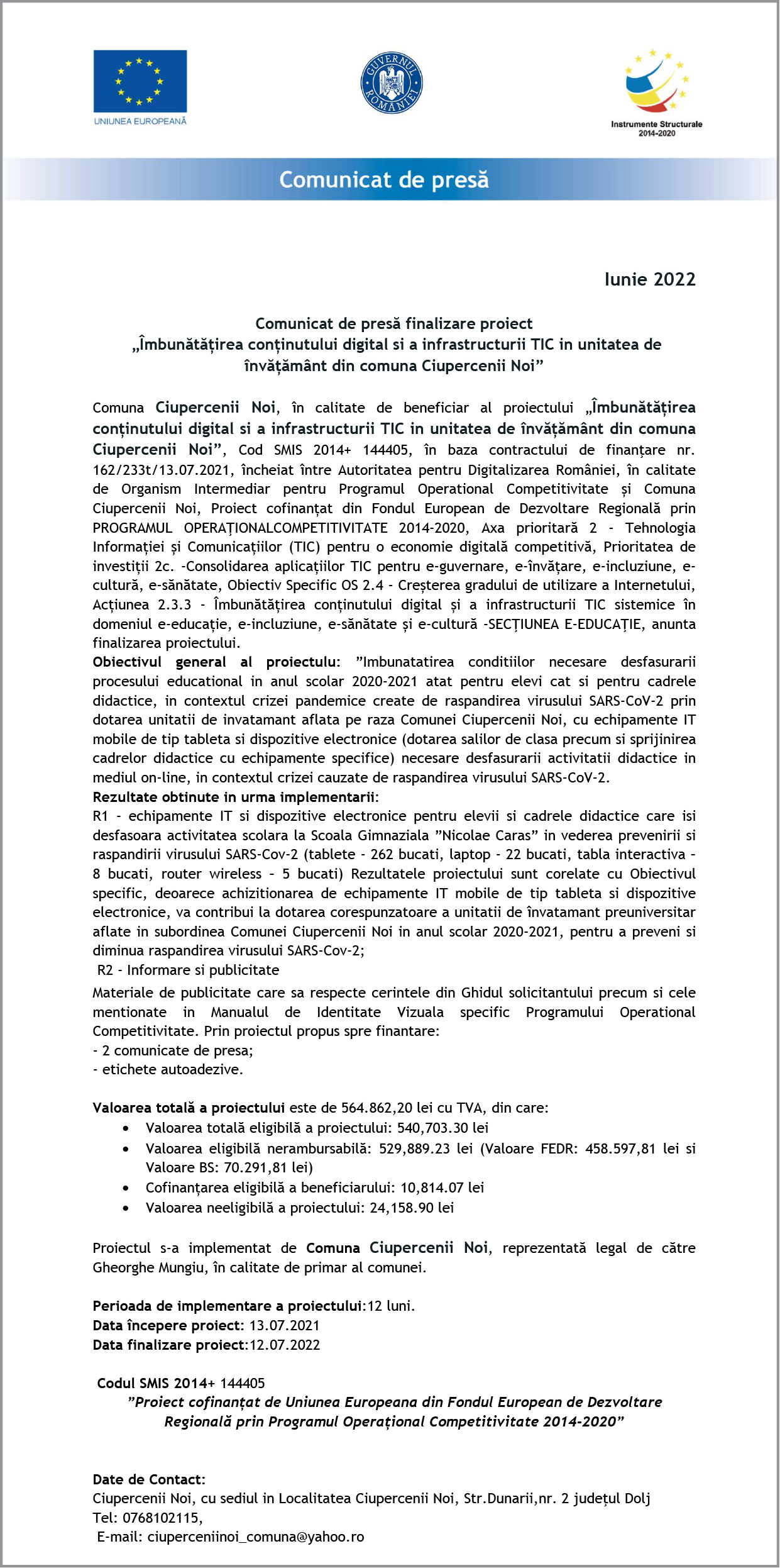 Finalizare proiect „Îmbunătățirea conținutului digital şi a infrastructurii TIC în unitatea de învățământ din comuna Ciupercenii Noi”