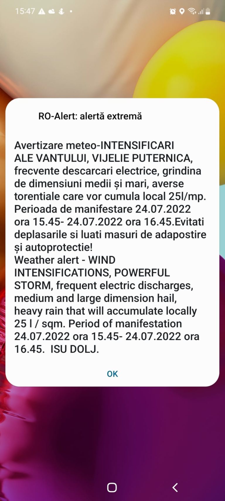 ISU Dolj a transmis alertă de vijelie puternică