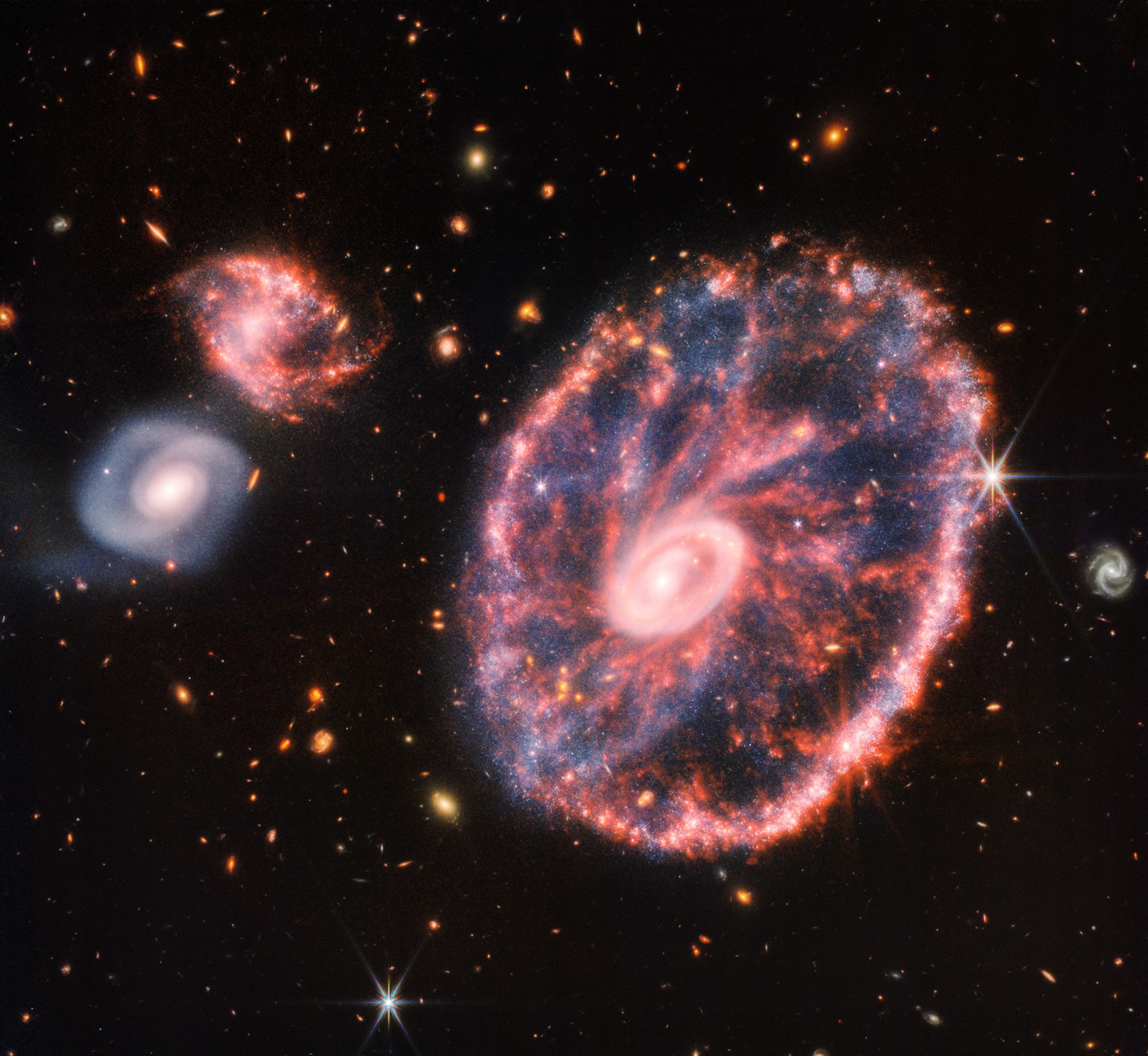 Galaxia Cartwheel sau Galaxia Roată de Car a fost fotografiată de telescopul spațial James Webb