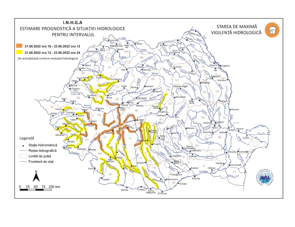 Harta avertizare hidrologică din 21.08.2022