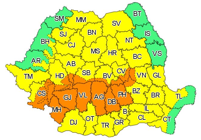 Noi avertizări cod galben și portocaliu de ploi torențiale și vijelii 