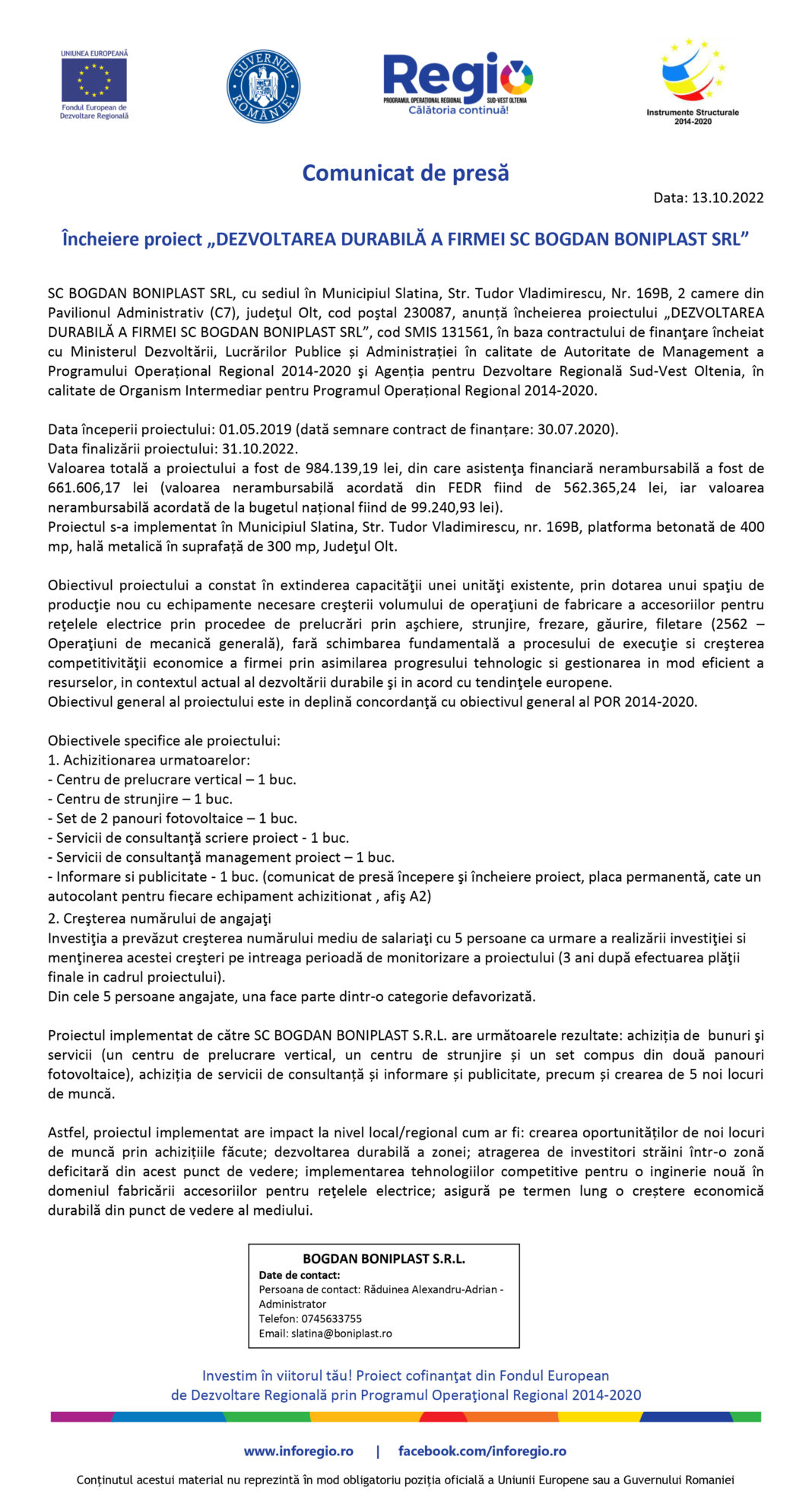 Încheiere proiect „DEZVOLTAREA DURABILĂ A FIRMEI SC BOGDAN BONIPLAST SRL”