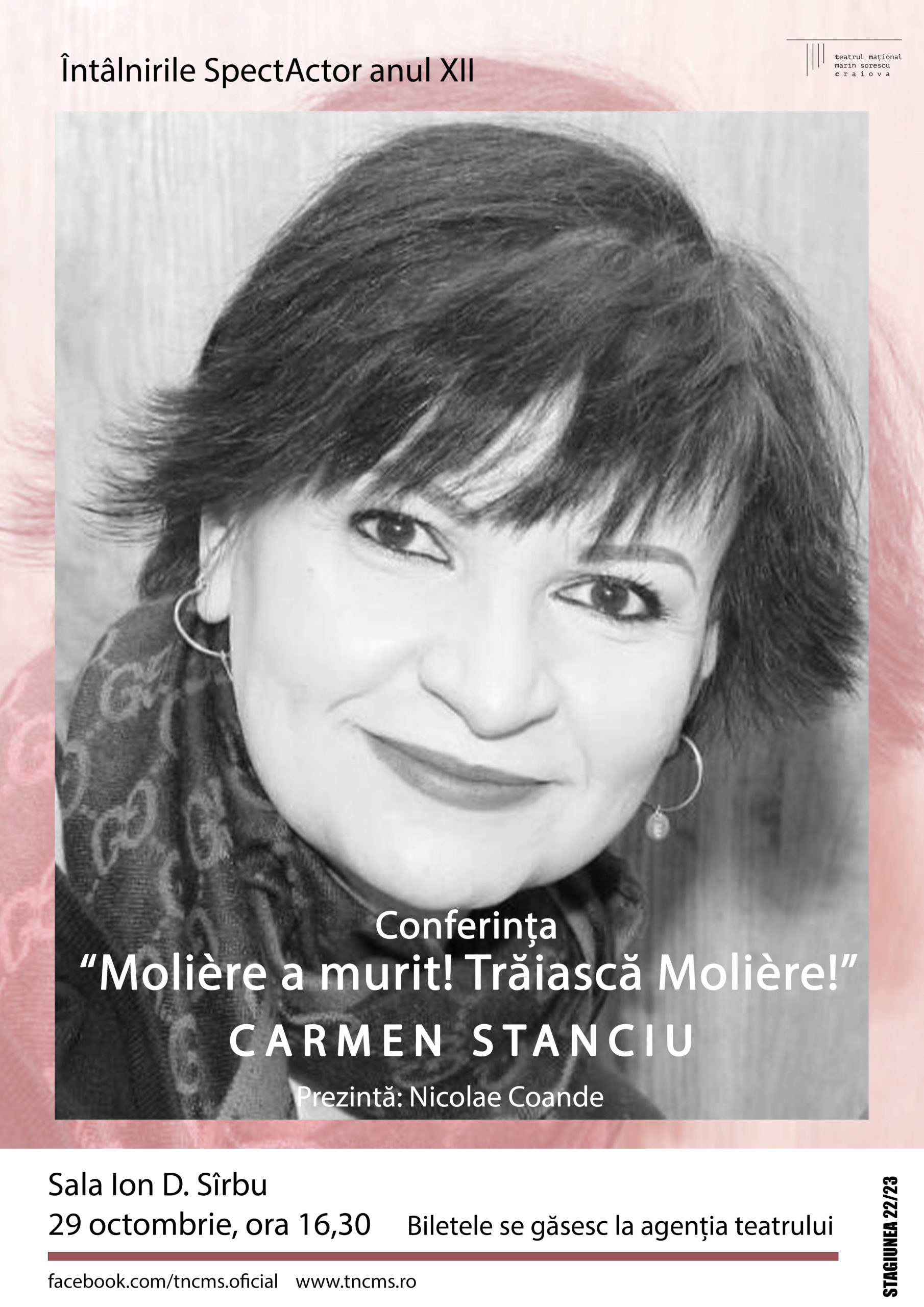 Carmen Stanciu, teatrolog și critic de teatru, va susține, la întâlnirile SpectActor, conferința “Molière a murit! Trăiască Molière!”