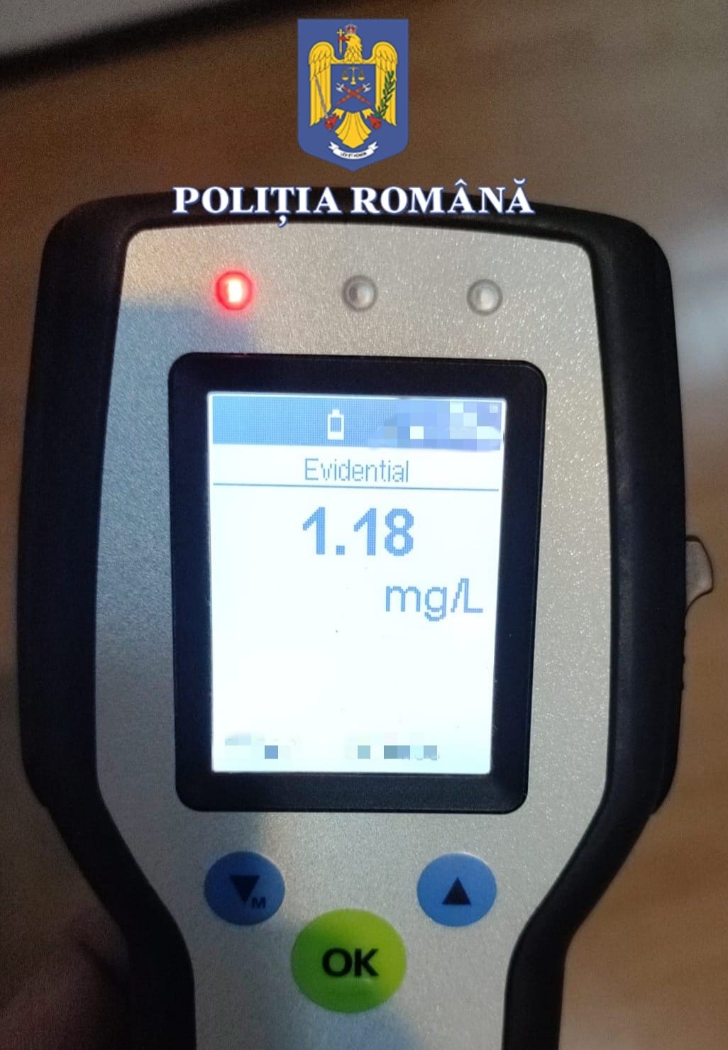 În urma testării cu aparatul etilotest a rezultat o concentrație alcoolică de 1,18 mg/l alcool pur în aerul expirat