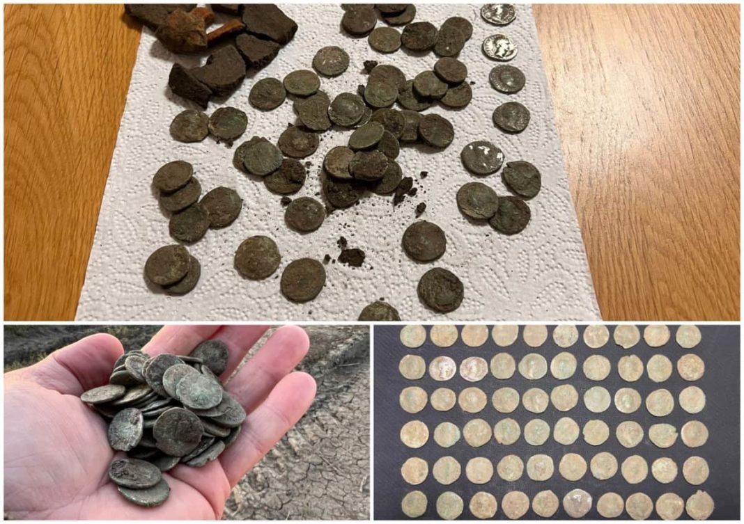 60 de monede romane vechi, descoperit pe un câmp din Alba