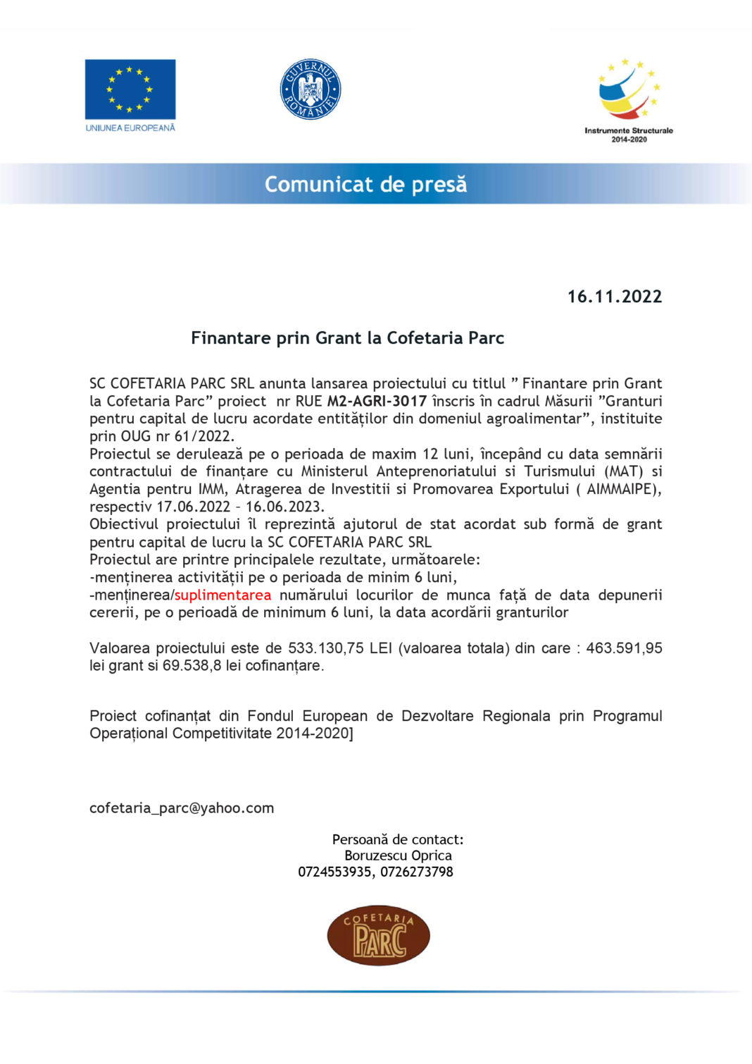 Finanţare prin Grant la Cofetăria Parc