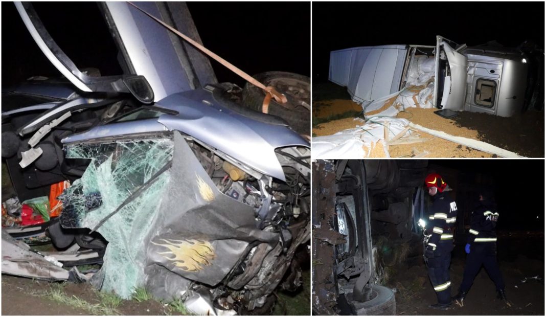 Doi morţi şi un rănit după ce o maşină s-a ciocnit de un TIR cu grâu