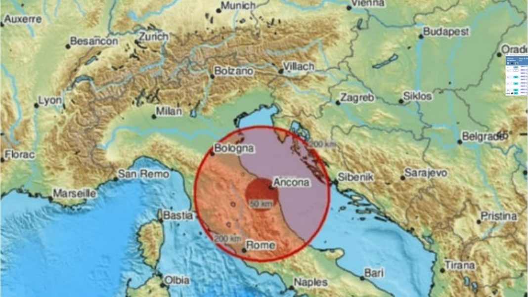 Cutremurul a avut loc la o adâncime de 10 km (6 mile) și a fost la aproximativ 64 km est de Rimini şi la 25 km față de Senigallia, Provincia Ancona, Italia