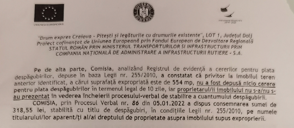 abolită Explicit Autentificare  Sumă jenantă pentru exproprierea unei parcele de pe DEx Craiova-Piteşti