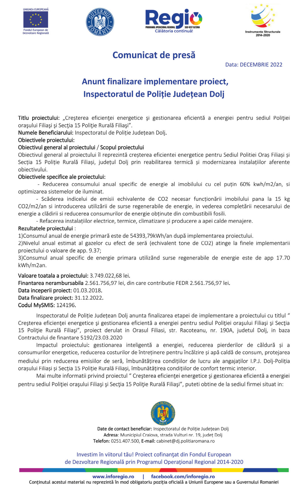 Anunţ finalizare implementare proiect, Inspectoratul de Poliție Județean Dolj