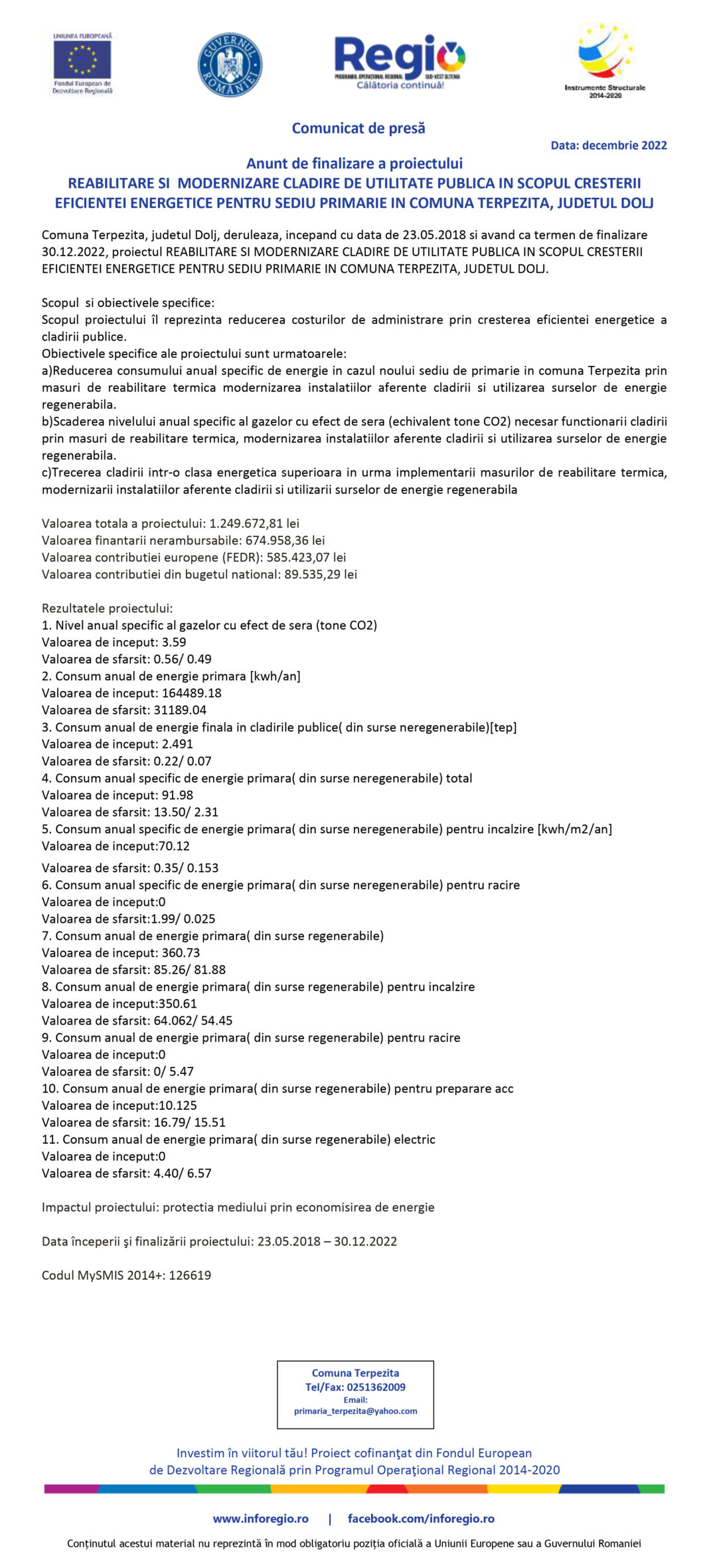 Anunţ de finalizare a proiectului Reabilitare şi modernizare clădire de utilitate publică în scopul creşterii eficienţei energetice pentru sediu Primărie în comuna Terpeziţa, judeţul Dolj