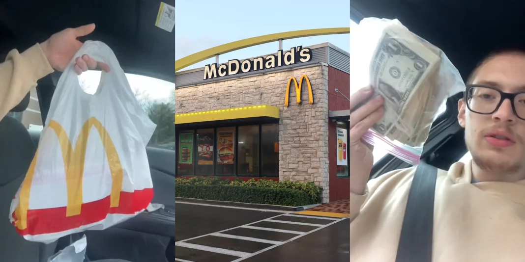 Pungă cu bani livrată împreună cu o comandă de mâncare, la un McDonald's