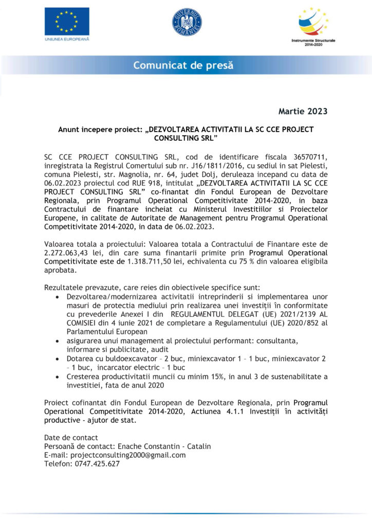 Anunț începere proiect: „Dezvoltarea activității la SC CCE PROJECT CONSULTING SRL”