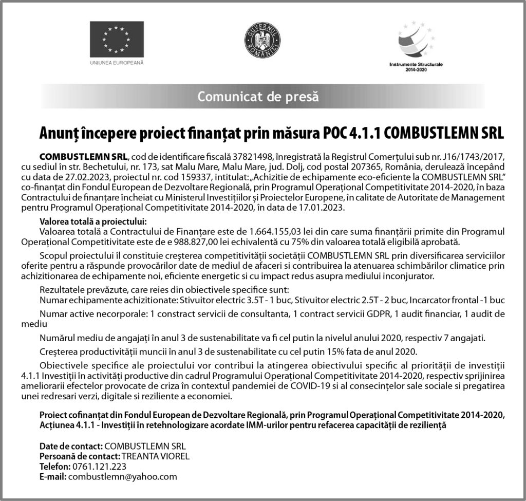 Anunț începere proiect finanțat prin măsura POC 4.1.1 COMBUSTLEMN SRL