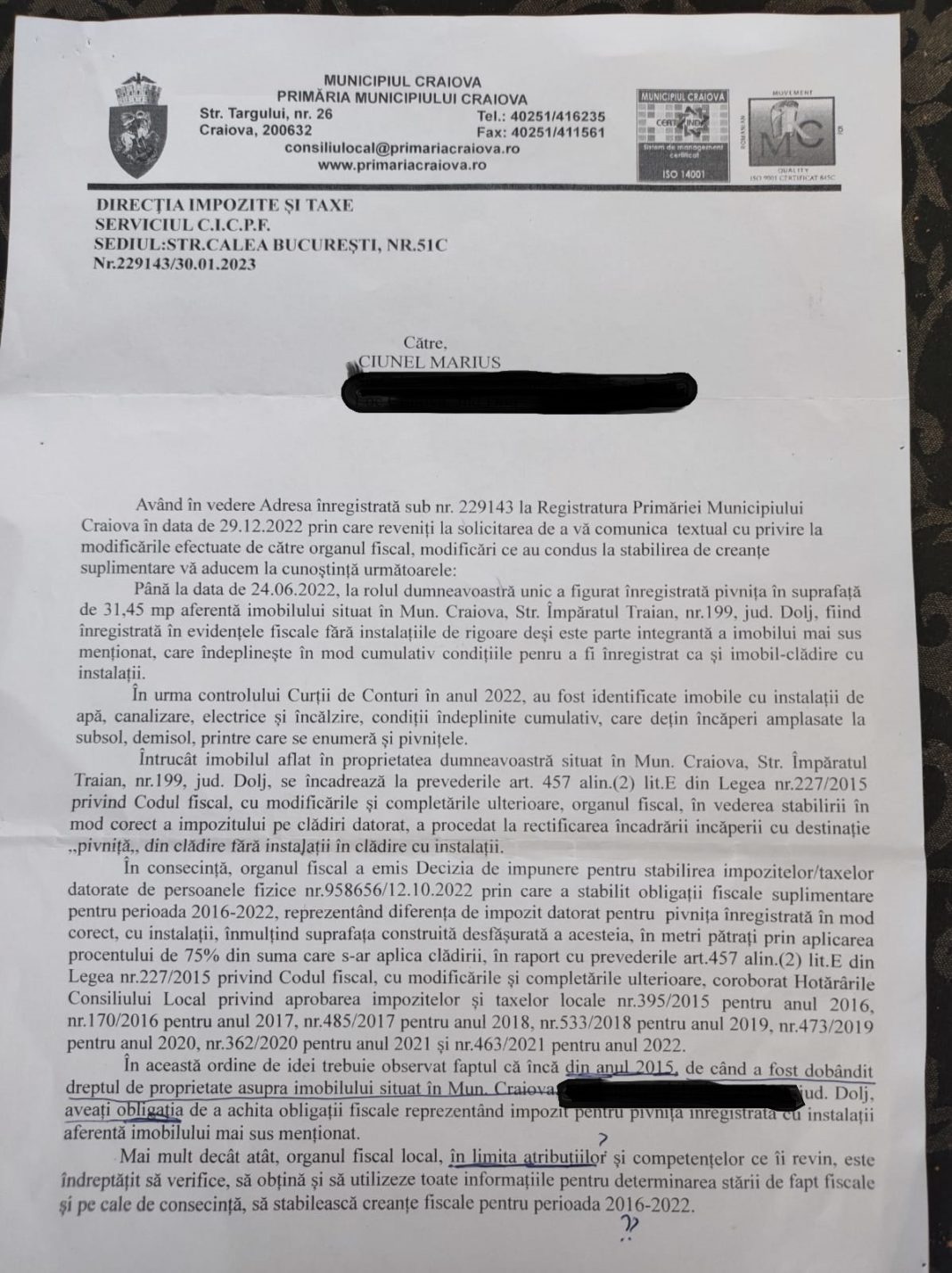 Răspunsul primit de craiovean de la Direcţia de Impozite şi Taxe Craiova
