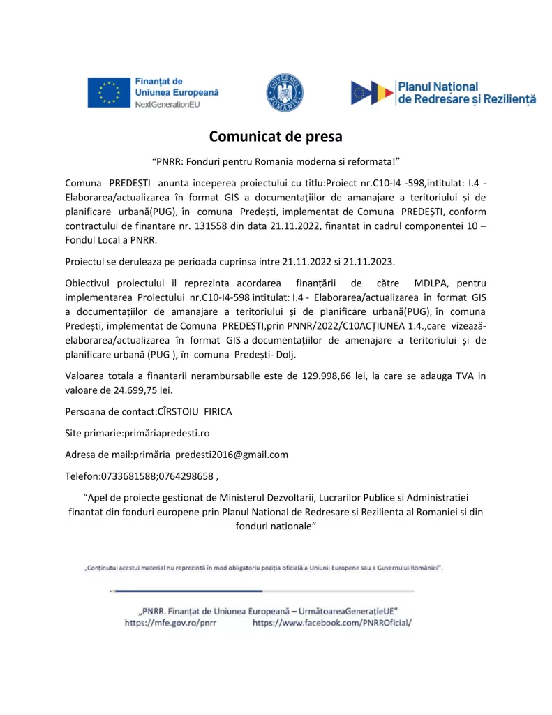 Comuna PREDEȘTI anunță începerea proiectului cu titlul: Elaborarea/actualizarea în format GIS a documentațiilor de amanajare a teritoriului și de planificare urbană (PUG)