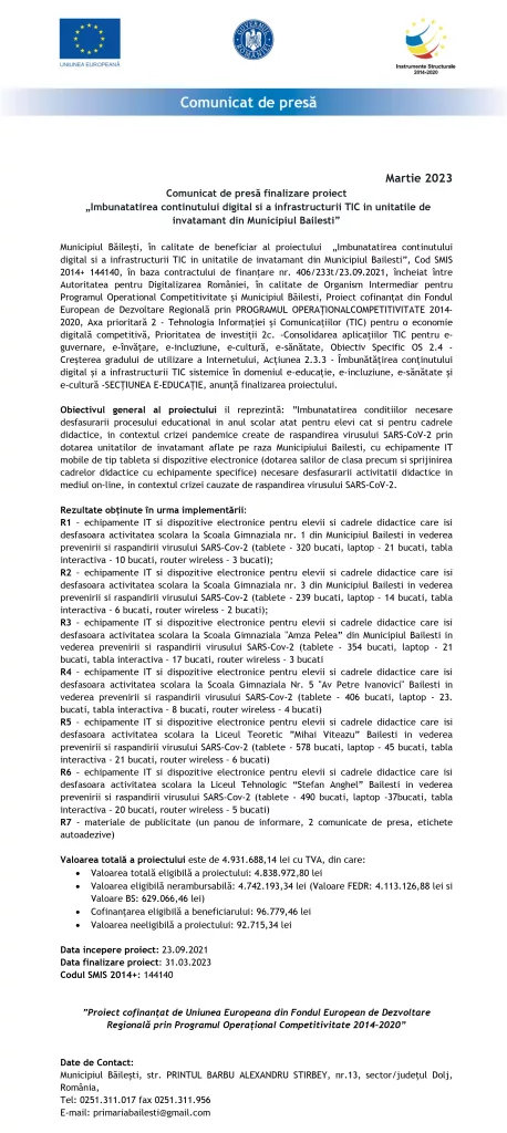 Finalizare proiect „Imbunatatirea continutului digital si a infrastructurii TIC in unitatile de invatamant din Municipiul Bailesti”