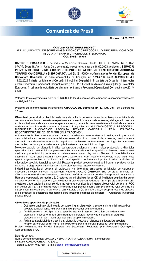 Serviciu inovativ de screening şi diagnostic precoce al disfuncţiei miocardice asociată terapiei cancerului