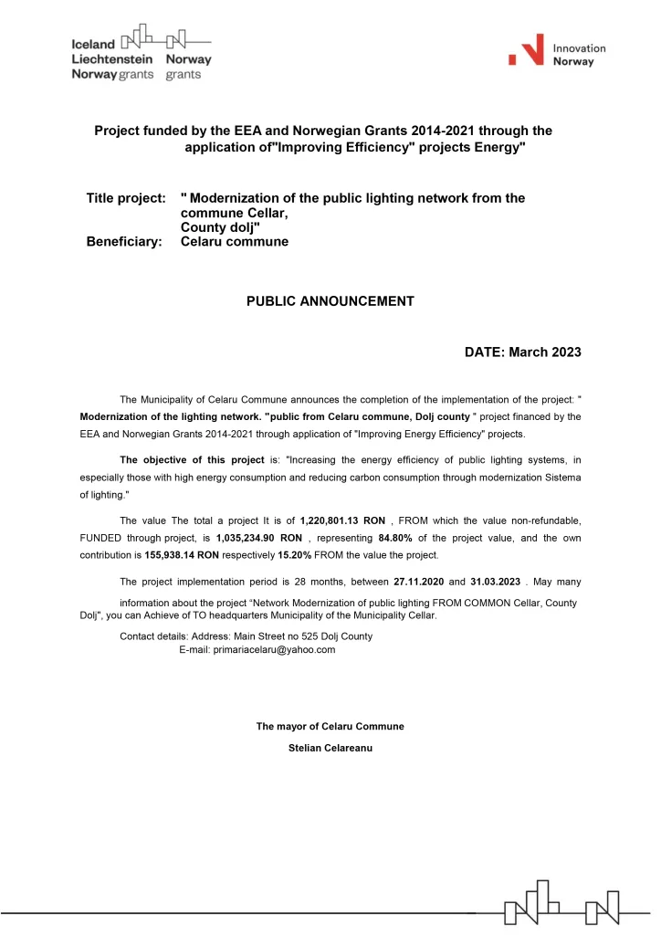 Project funded by the EEA and Norwegian Grants 2014-2021 through the application of „Improving Efficiency“ projects Energy”